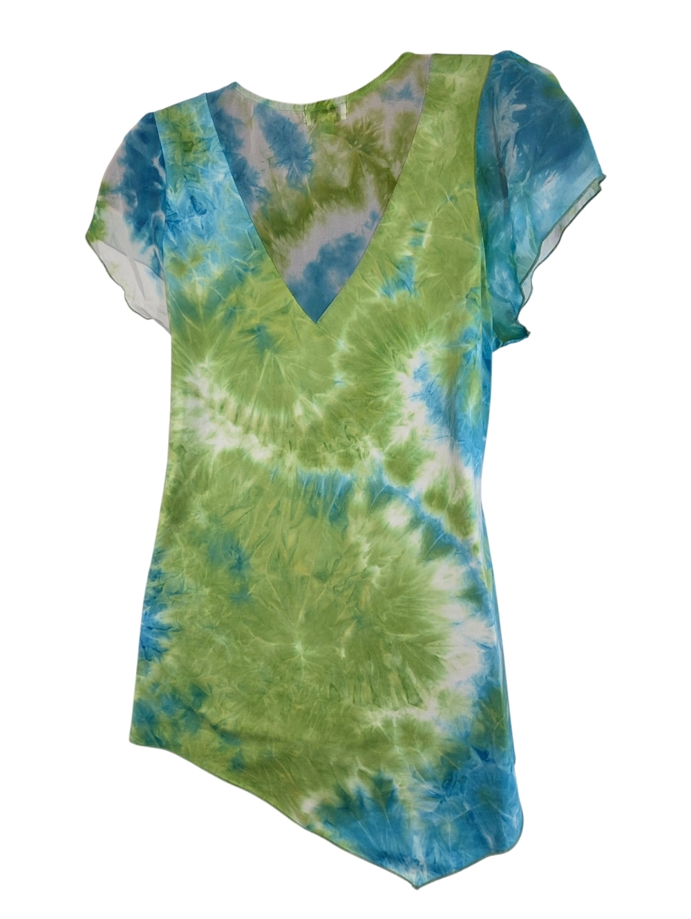 One World Green Blue White Flutter Sleeve Handkerchief Hemline Lined Blouse 1X - Picture 8 of 12